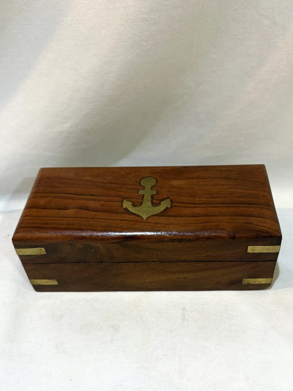 Nautical Themed Hinged Wooden Box Brass Inlay Anchor